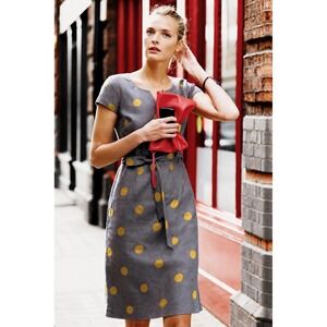 Boden Gray Yellow Polka Dot Linen Blend Belted Sheath Dress Size 10 Midi